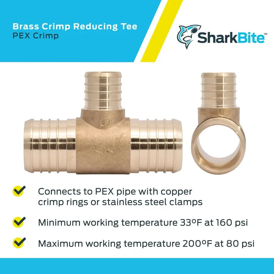 11 2 x 11 2 x 1 Inch Brass Crimp Reducing Tee, PEX Pipe, PERT, UC08414128