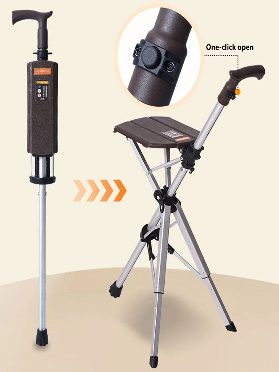 2in1 Wandelstok met stoel Opvouwbare wandelstokkruk voor ouderen Draagbaar mobiliteitshulpmiddel met één knop Open/dicht wandelstokstoel - afbeelding 2