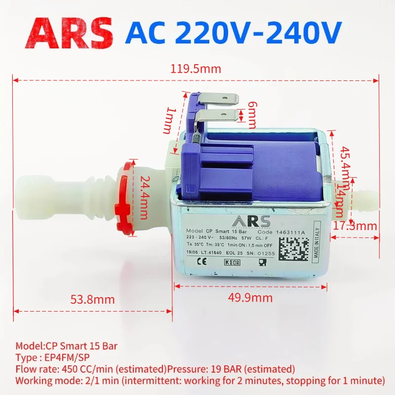 

Электромагнитный плунжерный насос ARS AC 50 мл/мин, высокого давления, 57 Вт, 220-240 В, мини-водяной насос для кофемашин