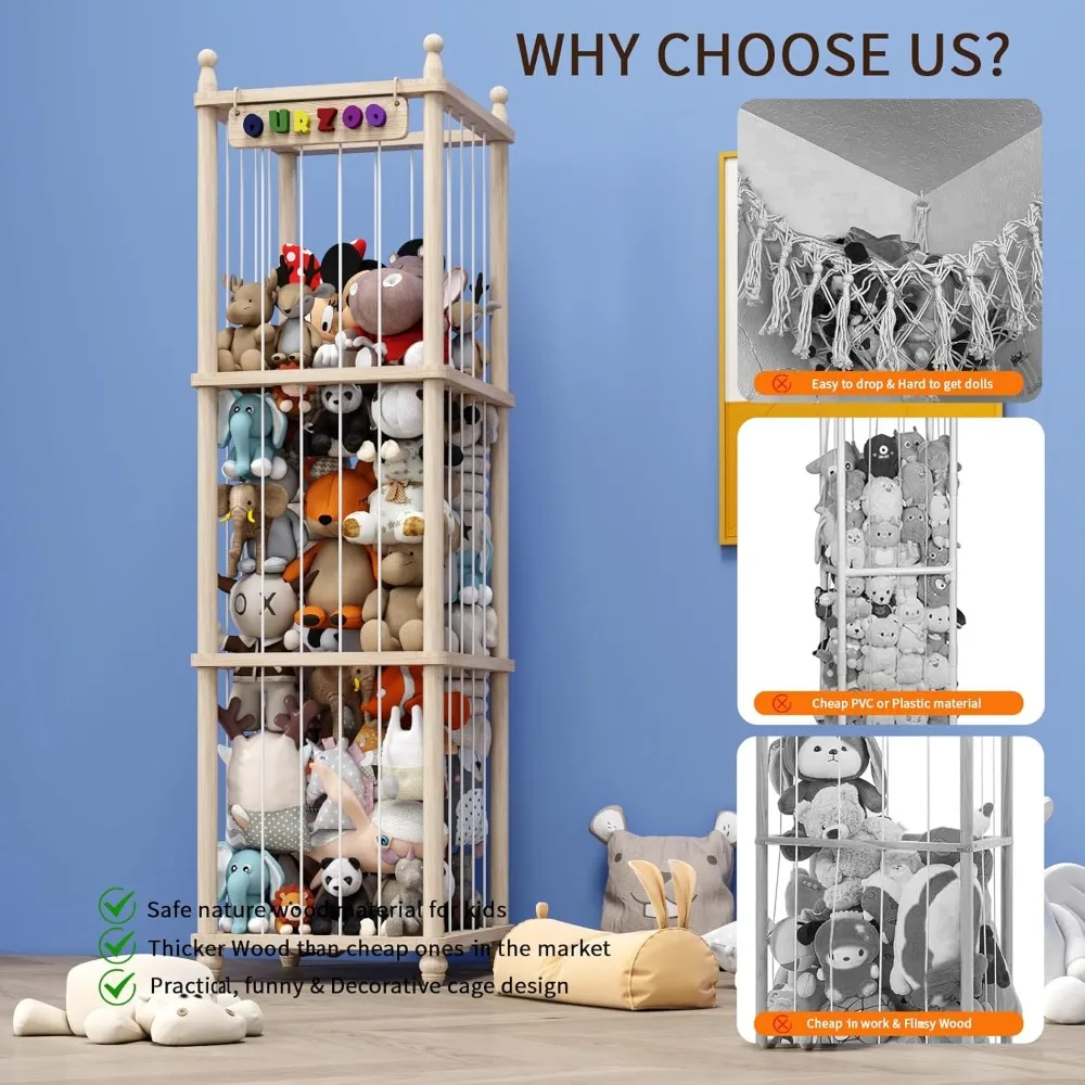 منظم تخزين الألعاب الخشبية للحيوانات المحشوة: حامل بلوشي مطور، سعة كبيرة #4