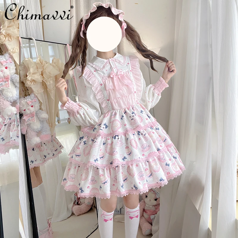 Autumn 2025 New Sweet Girl Cute Three-Section Strap Dress for Women Kawaii Cartoon Print Princess Lolita JSK Dresses