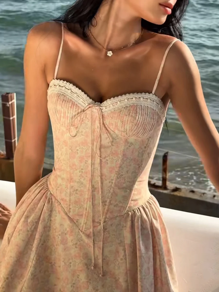 TWOTWINSTYLE French Elegant Midi Length Dress for Women Sweetheart Neck Spliced Lace Edge Sleeveless Tunic Puff Dresses Female