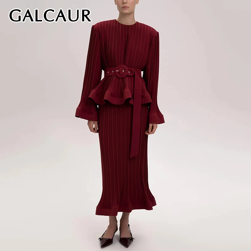 GALCAUR Elegant Two Piece Set For Women Round Neck Long Sleeves Patchwork Folds Tops High Waist Skirt Set Female Clothing New