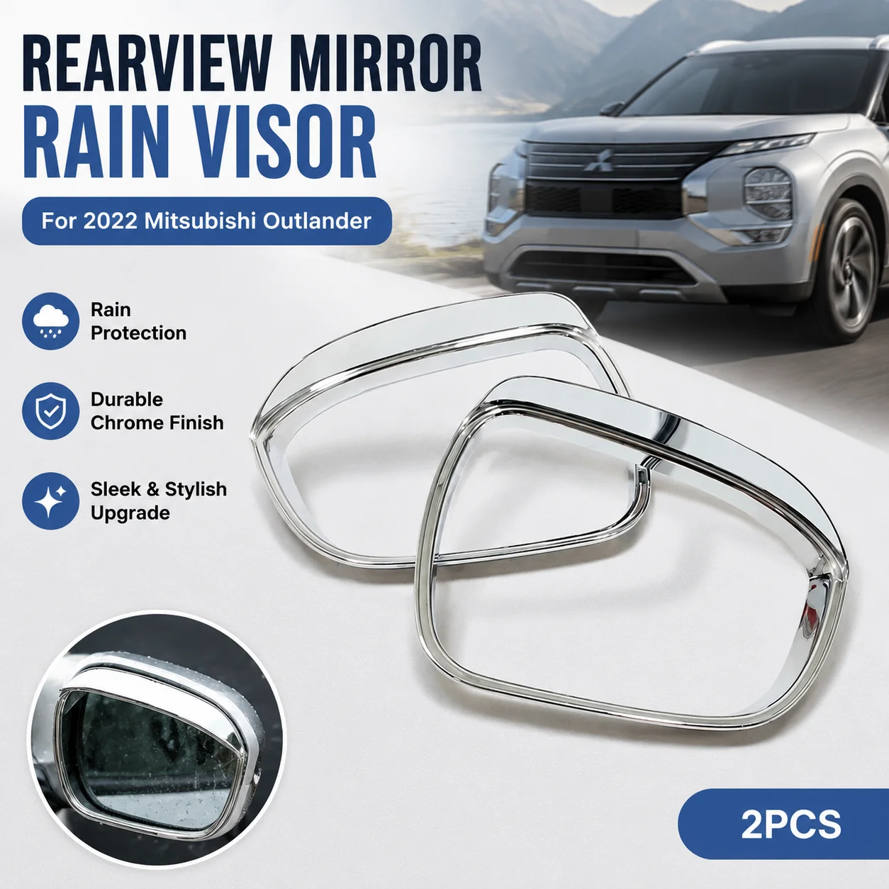 Chrome Rearview Mirror Rain Visor for 2022 Mitsubishi Outlander (2Pcs)