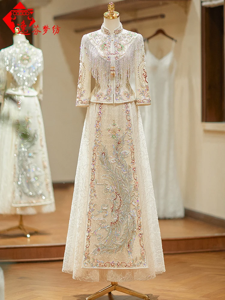 

Свадебное платье цвета шампанского золота, волшебное, омолаживающее, в китайском стиле, с круглым вырезом, вышитое, из полиэстеровой ткани