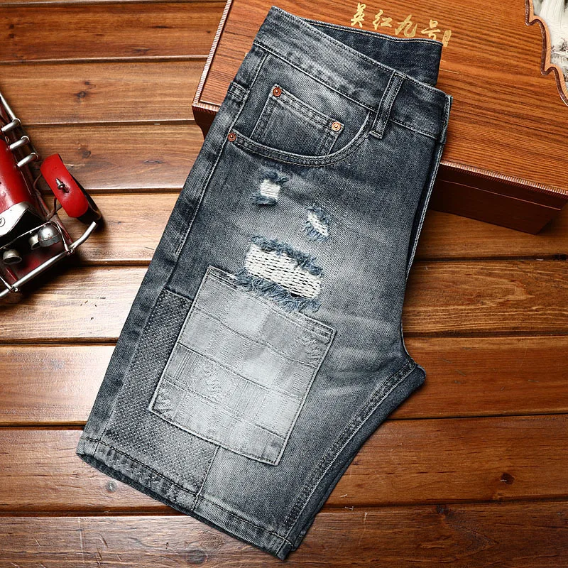 High-End Motorcycle Denim Shorts Men2024New Elastic Slim Fit Summer Fashion Brand Hole & Patch Casual Fashionable Fifth Pants