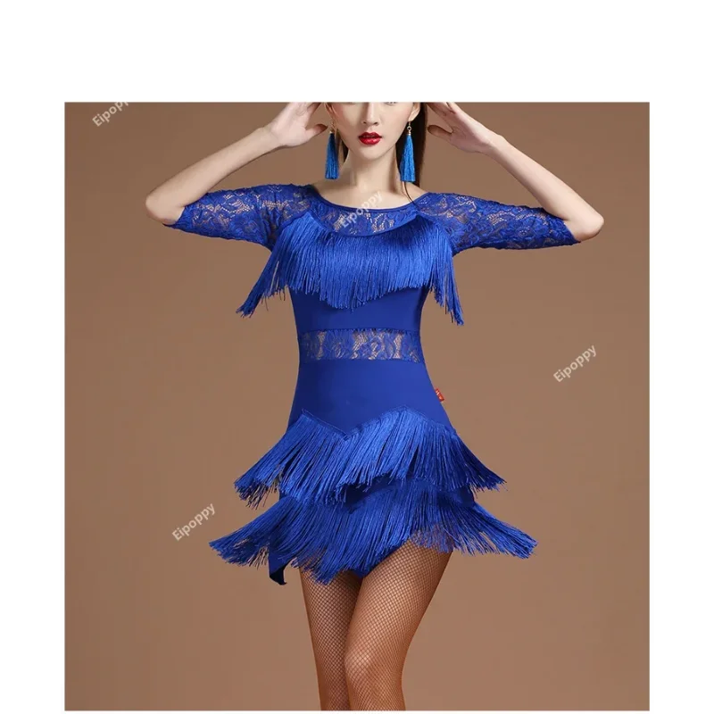 Vestido de baile latino con borlas para mujer, traje de encaje para baile de salón, Tango, Salsa, Rumba, Jazz, actuación en escenario