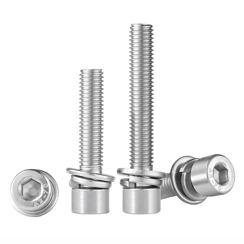 10-50Sets 304 Stainless Steel Hex Socket Cap Head SEMS Screws 3-in-1 Combined Bolts with Spring & Flat Washers M2.5 M3 M4 M5 M6