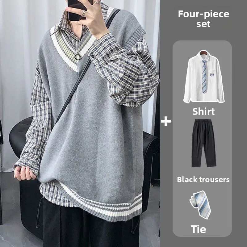 

College Sle Tee-Piece Set Couple Model Men's Autumn Winter Knitted Vest orm Women's irt Class orm Long Sve N...