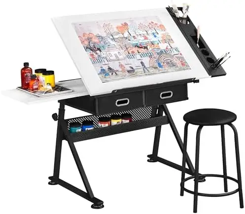 Adjustable Drafting Table Art Desk, Storage Drawers & Stool, Wood | MDF tabletop tilts 0-60° on a metal frame for