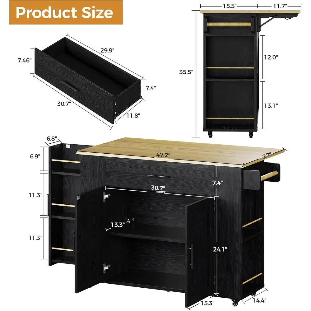 52 in Rolling Kitchen Island on Wheels with Drop Lea and Der. | Kitchen Cart with Drop Lea, Spice and Towel Rack. Large Storage