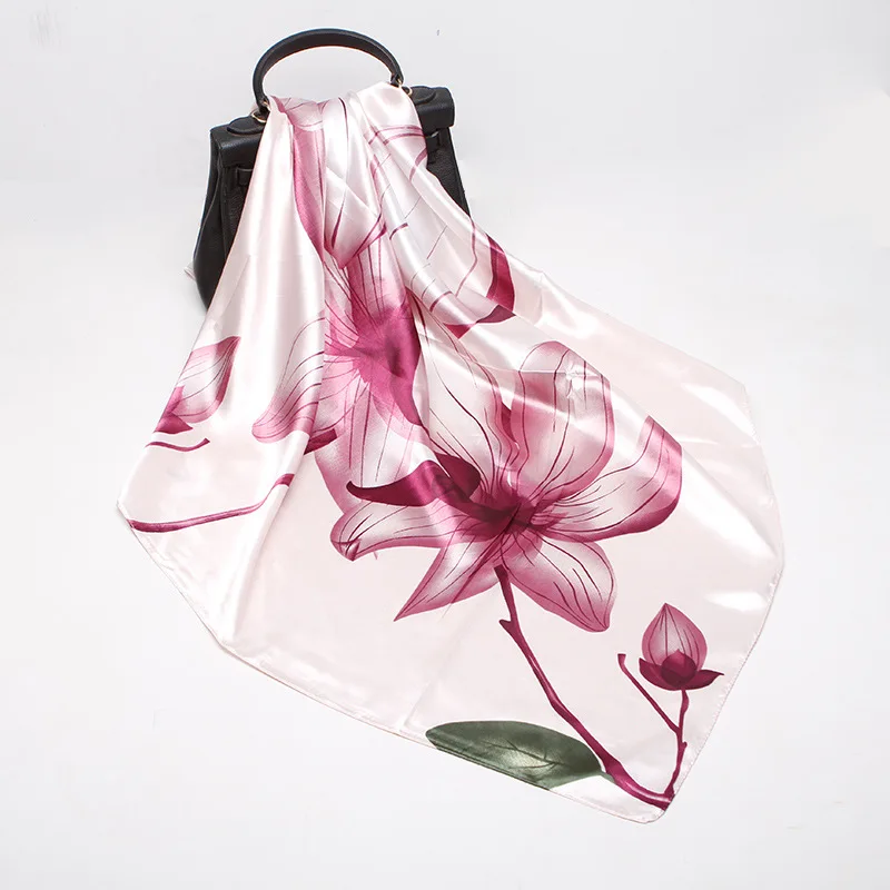 

Cross border floral pink and red printed silk scarf for women, imitation silk color Ding 90cm large square scarf from Europe and