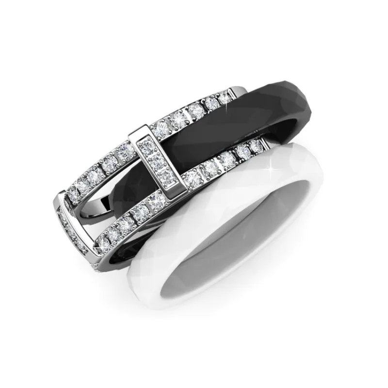 

Daisini Ceramic Black & White Bi Color 3-piece Ring with Swarovski Crystals for Women Men Fine Austrian Crystal Jewelry Gift