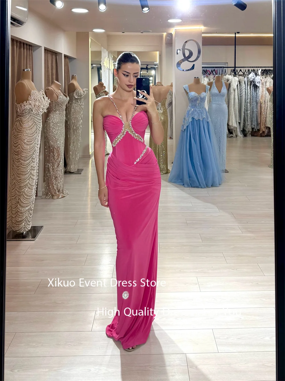 Xikuo الفوشيه حورية البحر فساتين السهرة مطوي السباغيتي حزام رداء كوكتيل نساء طول الأرض الحبيب فساتين لحضور الحفلات الموسيقية حسب الطلب