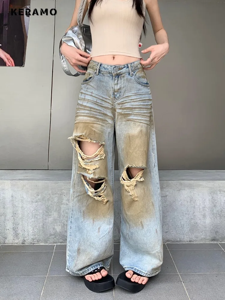 Sexy Vintage Ripped Harajuku Loose Fit Jeans Y2K Hollow Out Wide Leg Trashy Pants 2024 Summer Women's Baggy Denim Trouser