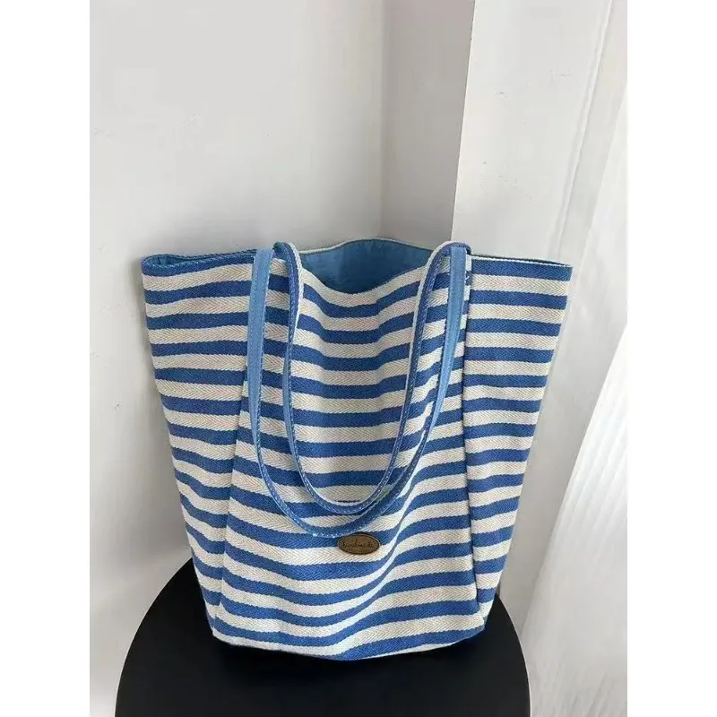 

Холщовая большая сумка Lazy Sle, большая сумка на одно плечо Capaci для студентов, повседневная женская сумка для отдыха, летняя полосатая сумка 2025