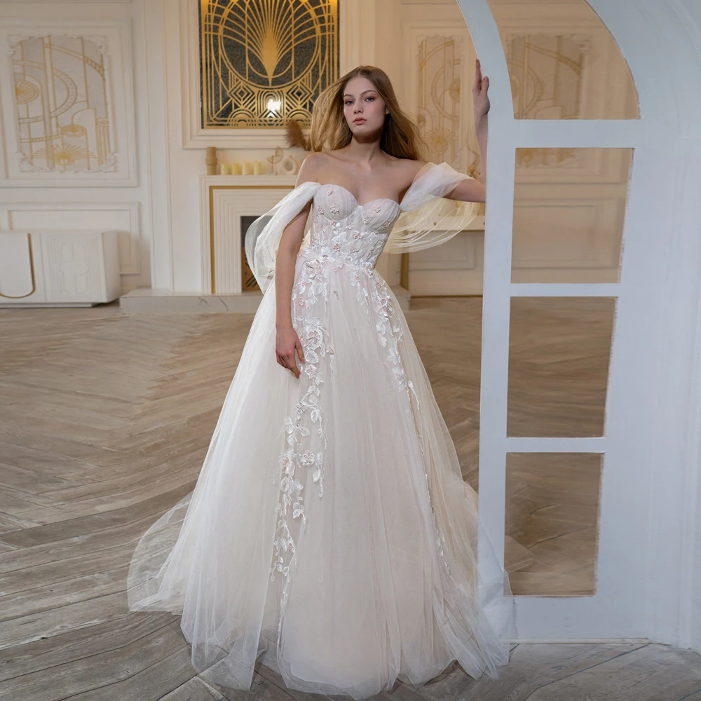 

Sexy Sweetheart Neck Wedding Dresses Off the Shoulder Bridal Gowns Pearls Appliques Sweep Train A-Line Tulle Robe De Mariee 2023