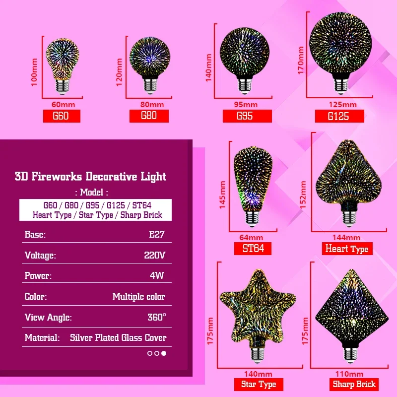 Decoração 3D Lâmpada LED Edison, Lâmpada Vintage Star Fireworks, Luz de Noite de Férias, Ampola de Iluminação, AC 110V, 220V, E27