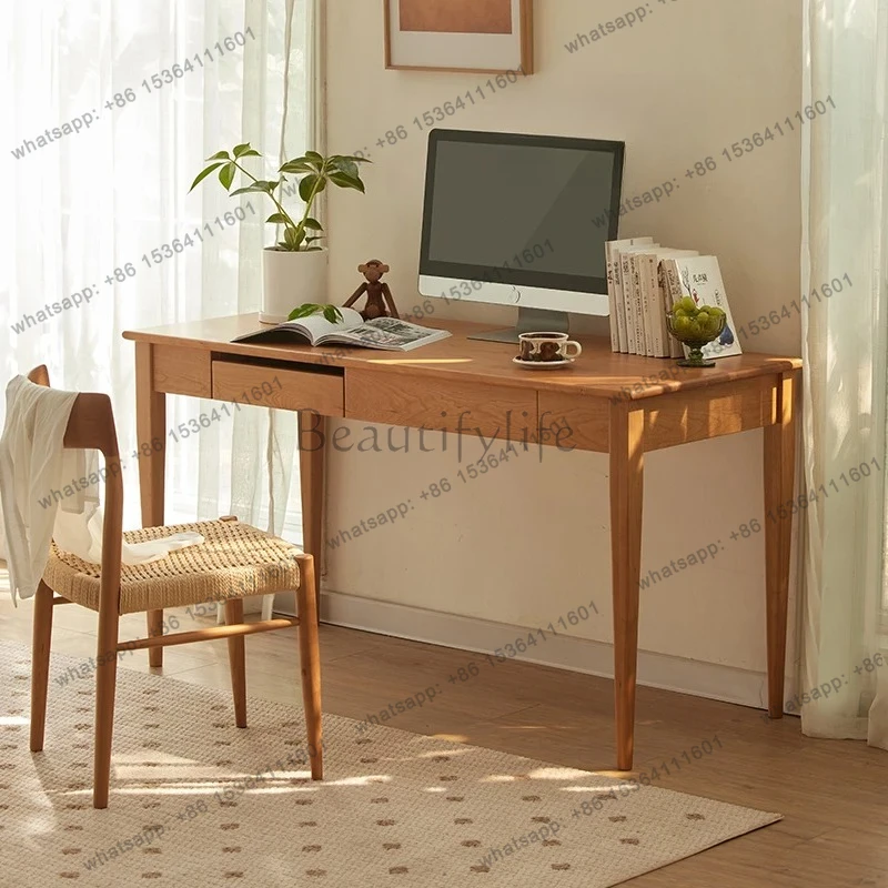 Cherry wood desk solid wood computer desk 1.3 meters study table Nordic simple student writing desk