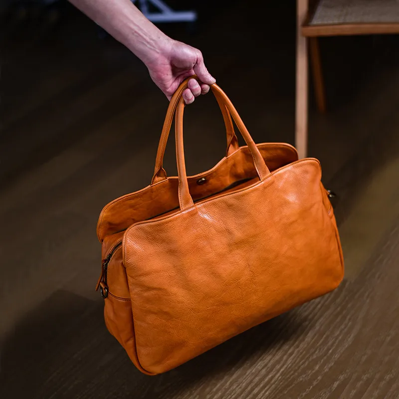 designer handmade vegetable tanned cowhide men's women's travel bag simple vintage genuine leather large-capacity handbags