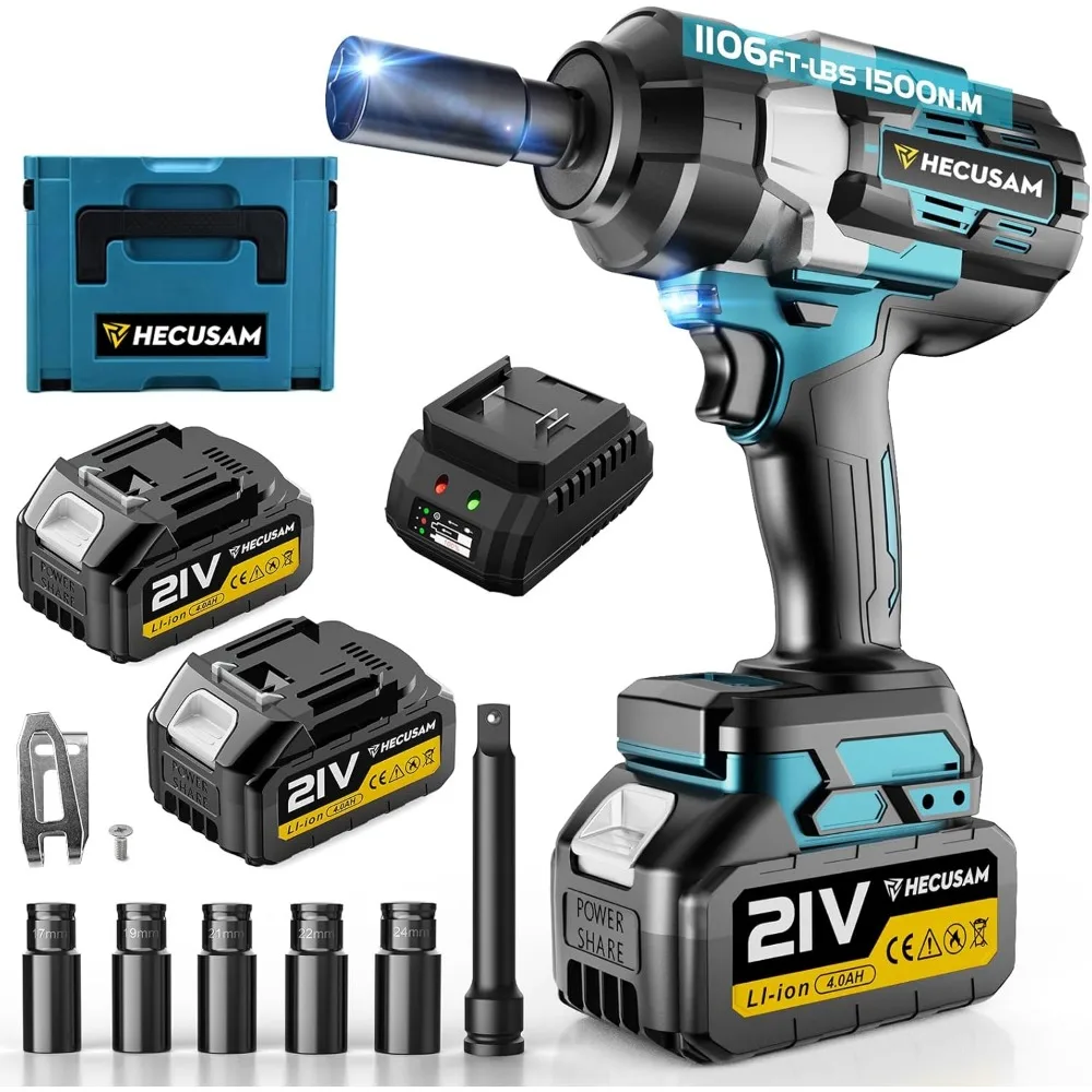 

1/2" Cordless Impact Wrench, 1500N.m (1106Ft-lbs) Brushless Impact Gun, 2x4.0Ah Batteries, Max 4200RPM with Reverse Auto-Stop &
