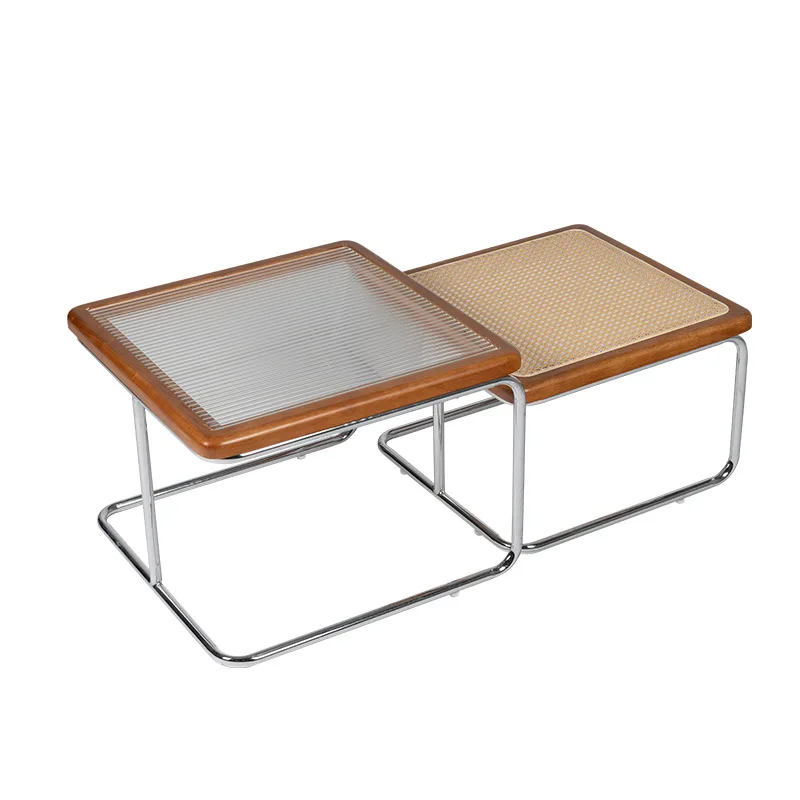 

Retro log home rattan coffee table French simple modern small apartment side table living room square glass black table