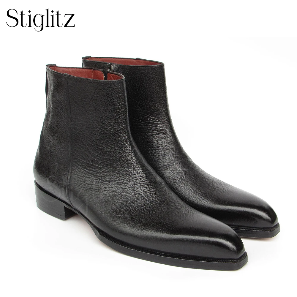 

Black Leather Side Zipper Boots Classic Concise Style Ankle Boots for Men Genuine Leather Handmade Shoes for Wedding and Parties