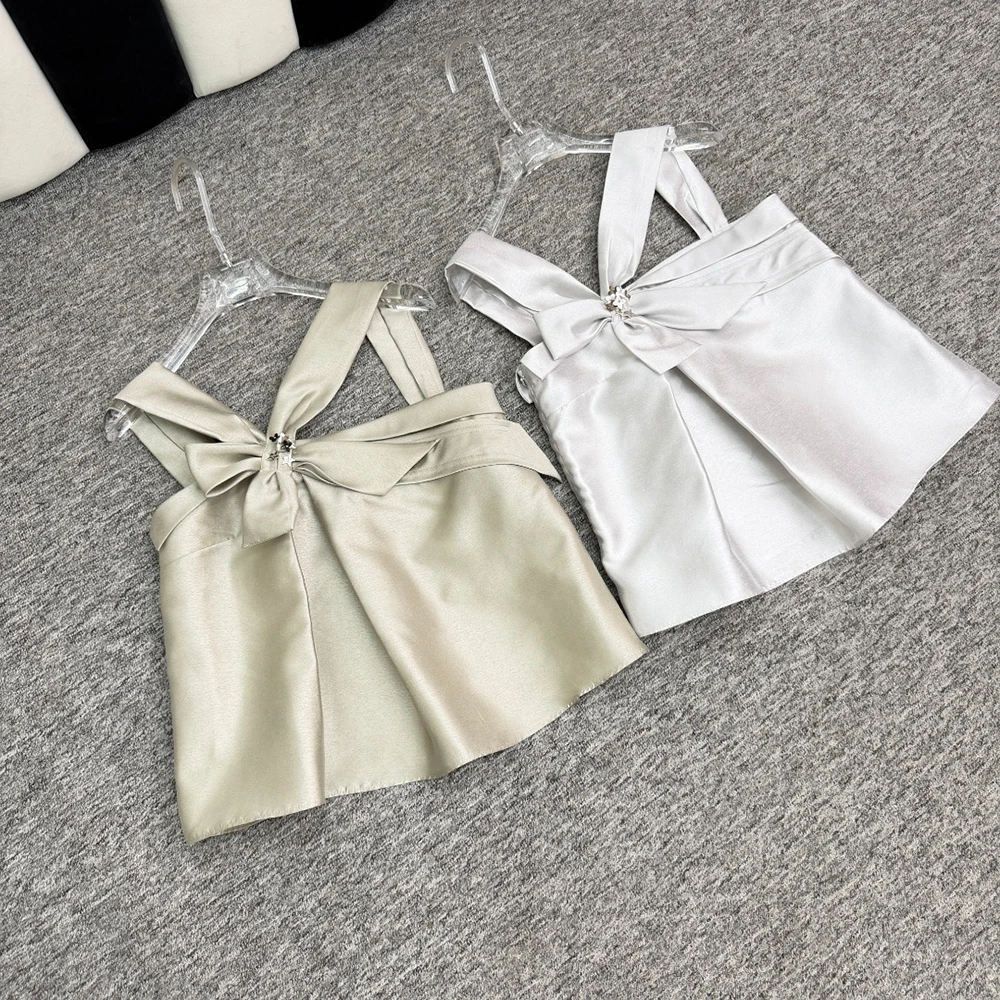 Women's Satin Halter Top with Big Bow & Rhinestone Elegant Sleeveless Tank Top, Backless A-Line Camisole for Party Clubwear 2026
