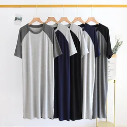 Splicing Round Neck Nightgown Sleepdress Men Short Sleeve Homewear Casual Night Dress Solid Color Home Clothes Silk Homedress