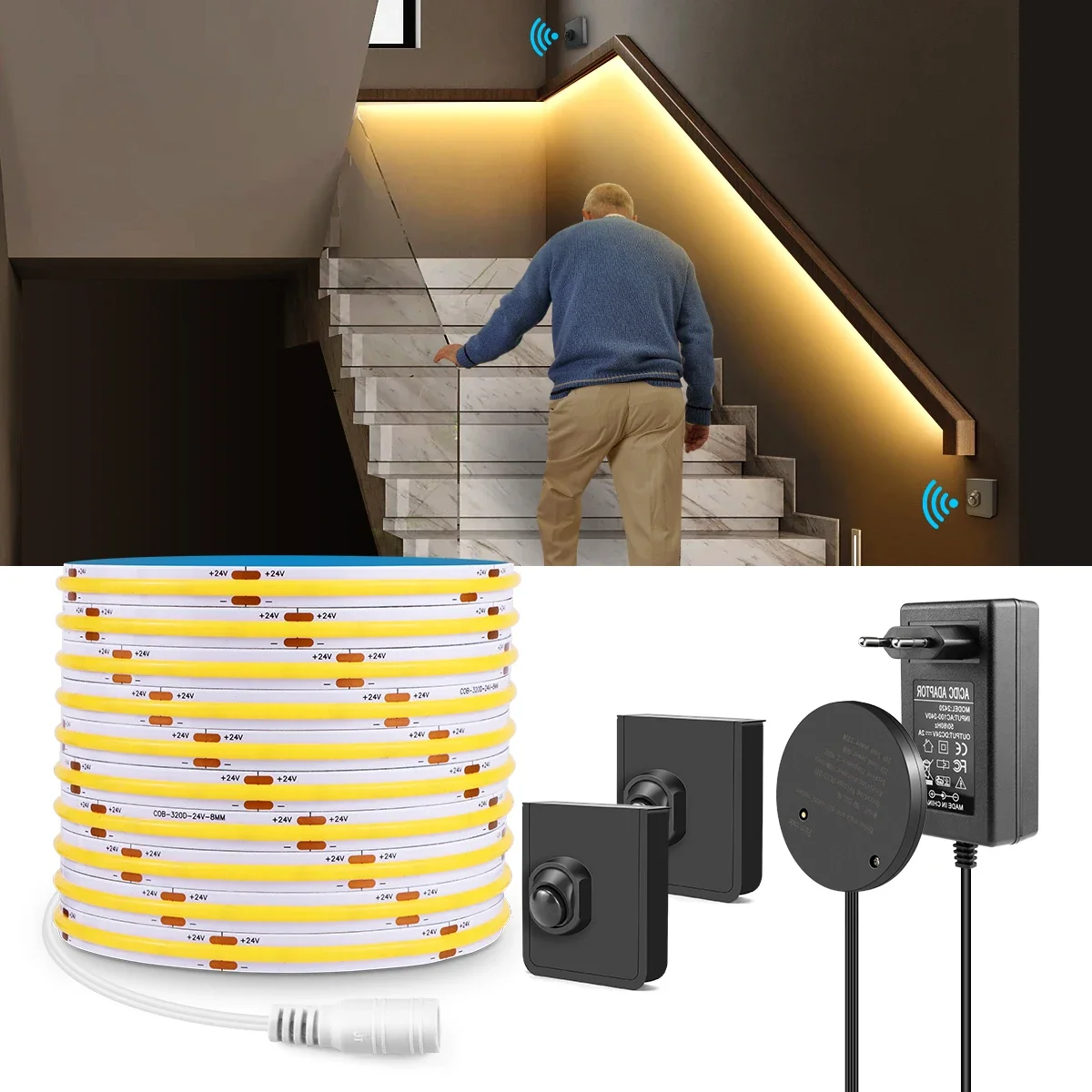Dual Wireless Bewegliche PIR Motion Sensoren 10M 5M COB Streifen Licht Set DC24V 320LEDs/M Hohe helle Für Schlafzimmer Korridor Treppen