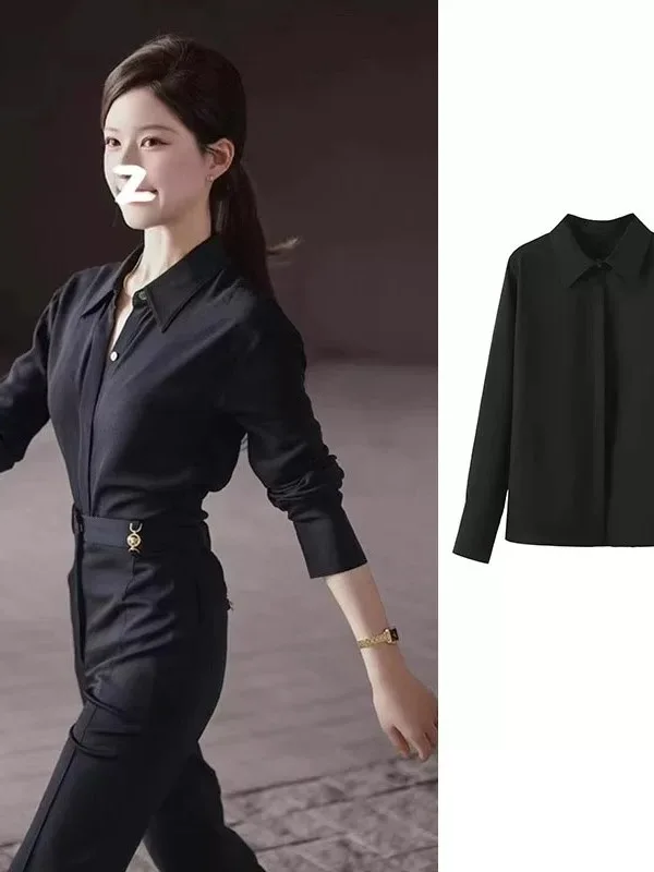 

Elegant Black Long Sleeve Shirt Shoulder Appropriate Commute High Quality Women's Fashion Loose Fit Button up Top