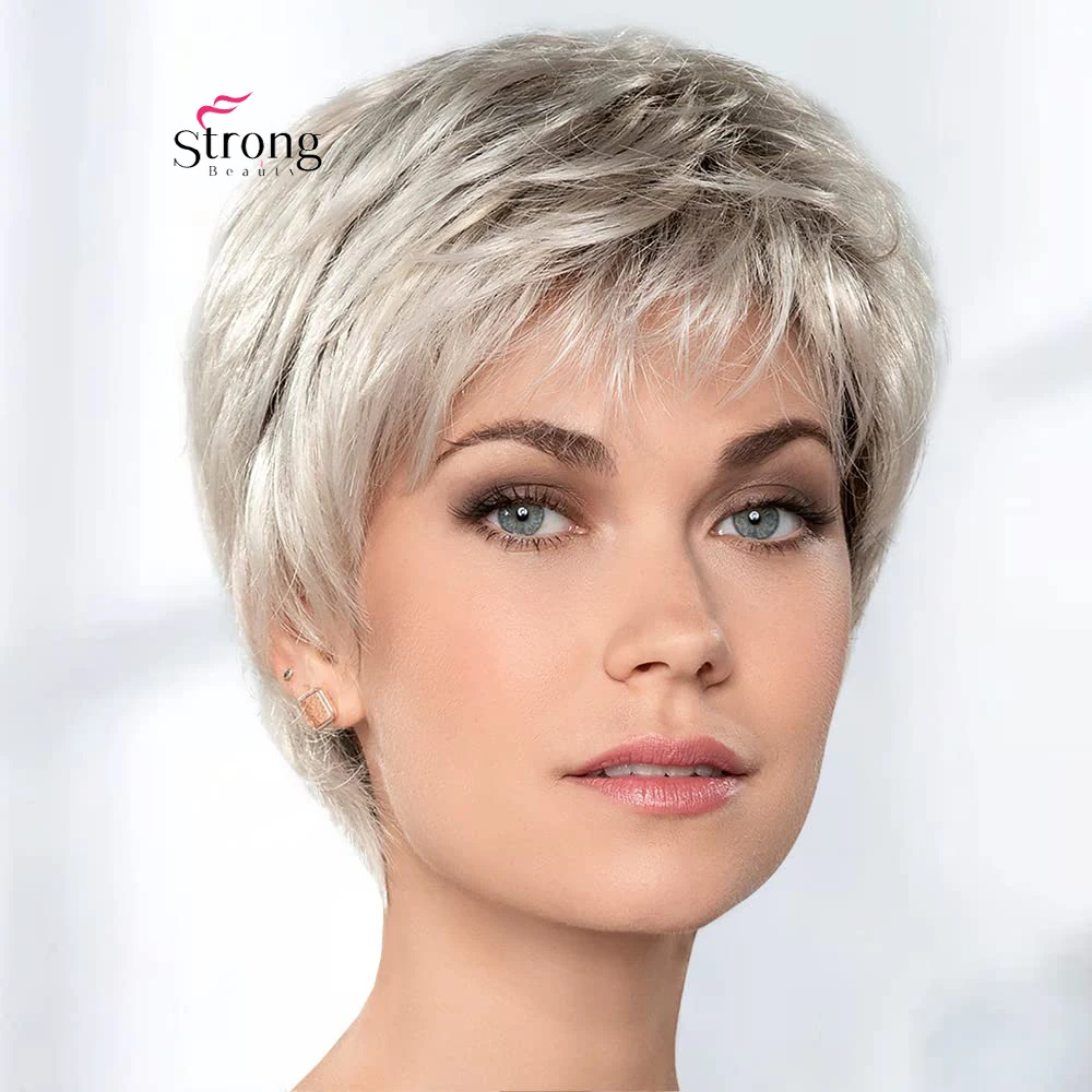 Short Ash Blonde Pixie Cut Wig for White Women, Synthetic Ombre Blond Short Straight Hair Wig with Piecey Bangs And Texture-Ric