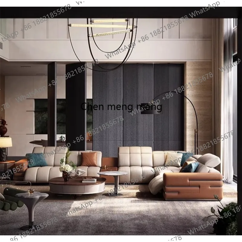 Electric leather sofa Italian light luxury living room, high backrest sofa