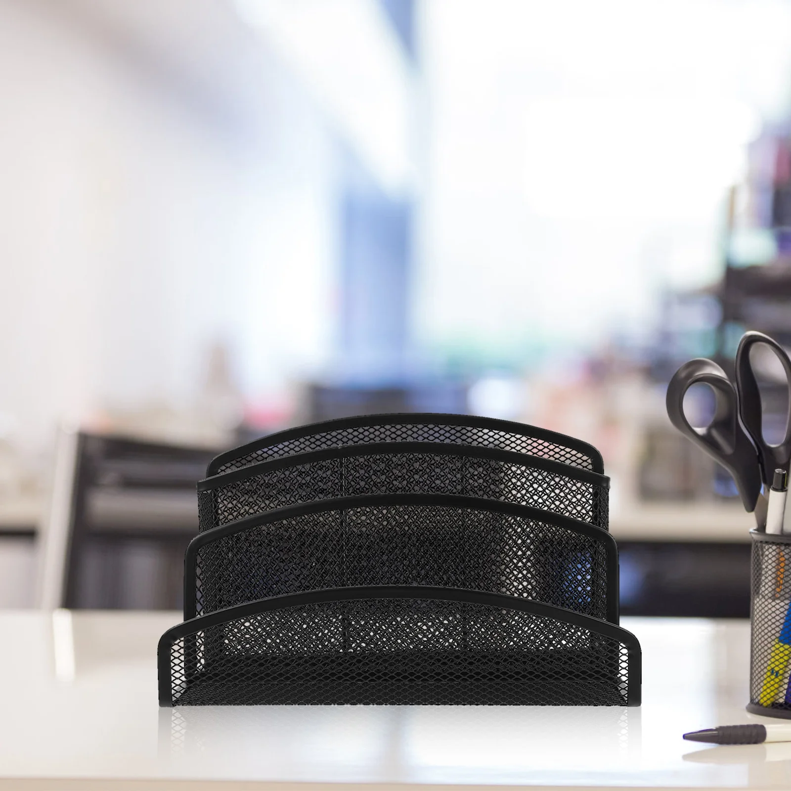 Desktop Iron Mesh File Organizer Two Sections Three Pen Holders Black Office Desk Storage Rack File Organizer Desktop Storage