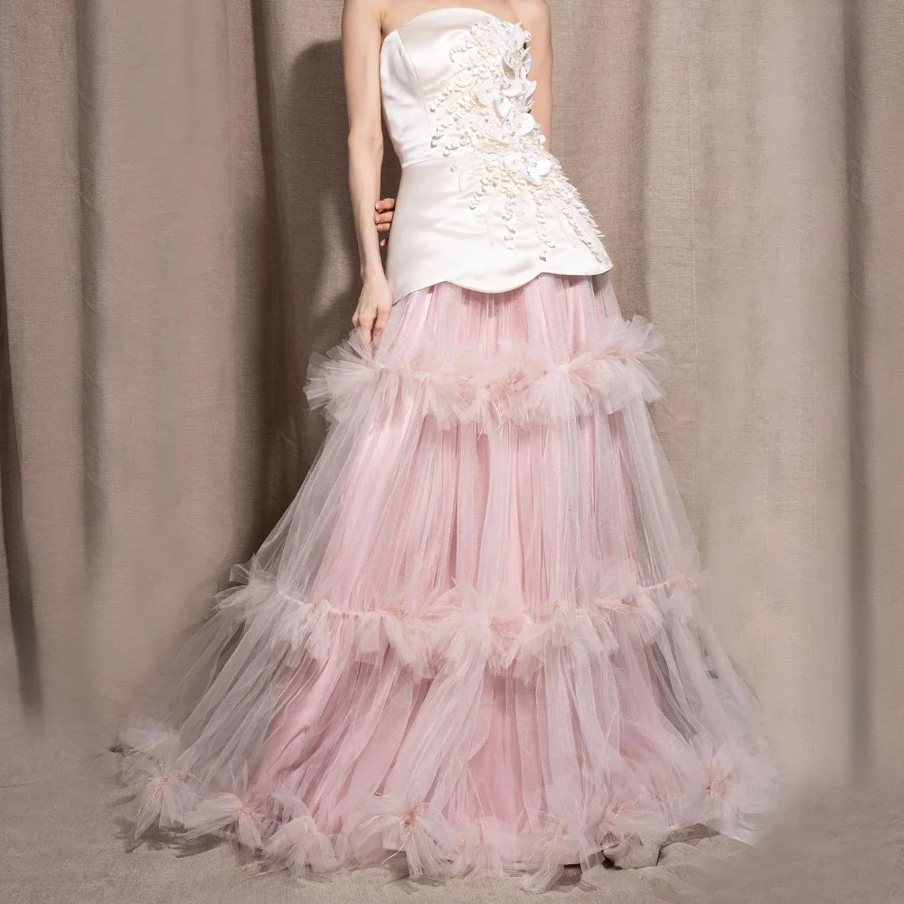 

Customized Charmeuse Pleat Flower Applique A-line Strapless Long Dresses Bespoke Occasion Fashion Sizes Available