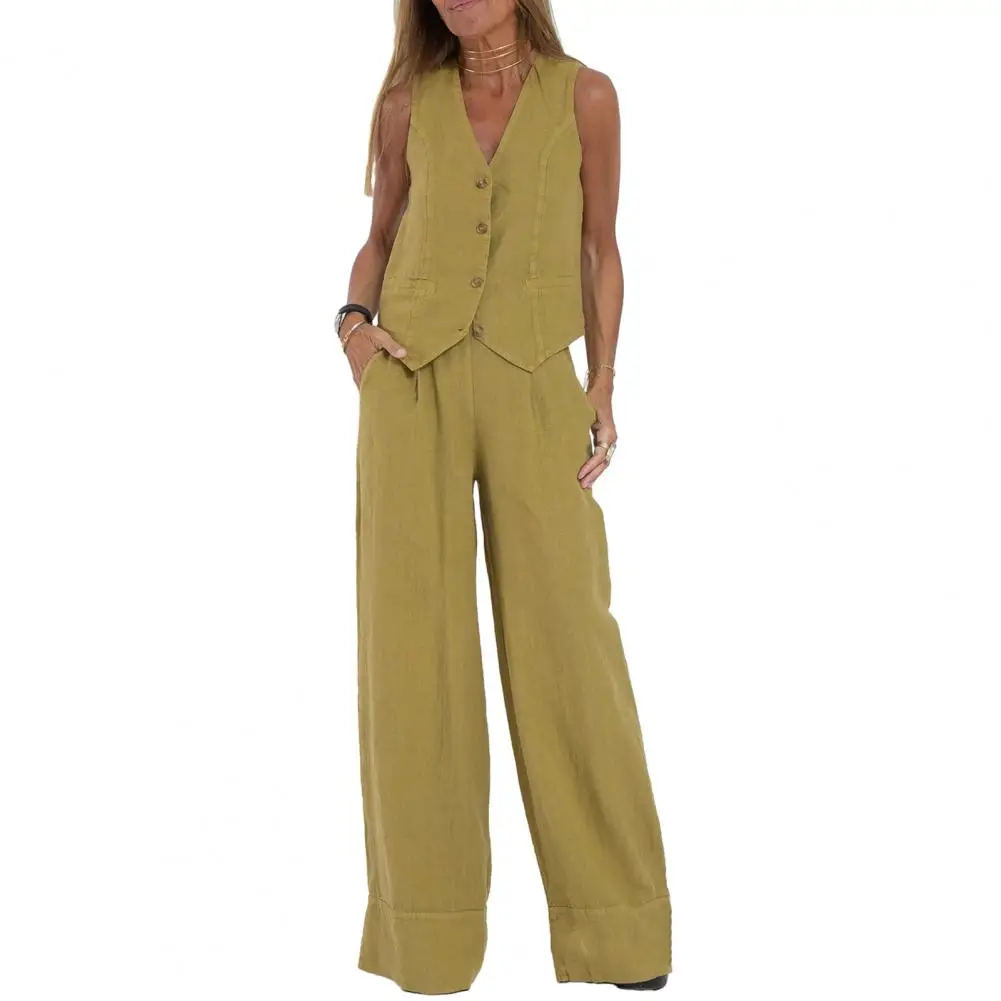 Solid Color Suit Set Fashionable Women\'s Cotton Linen Suit Sleeveless Vest Wide Leg Pants Set for Office or Casual Wear