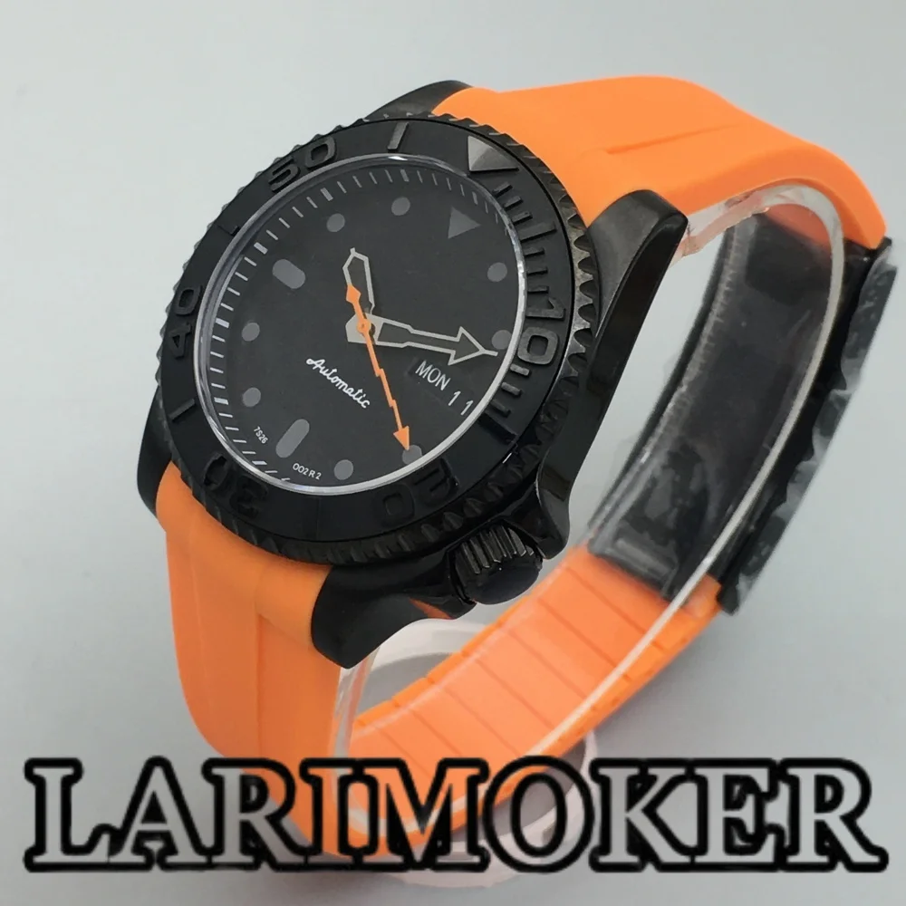 LARIMOKER NH36 PVD nero 40mm orologio automatico da uomo settimana data display lunetta girevole vetro zaffiro arancione flash seconda gomma