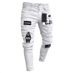 Jeans rasgado e magro masculino, jeans de algodão bordado, calças slim fit, calças de jogging hip hop, streetwear slim fit, moda casual