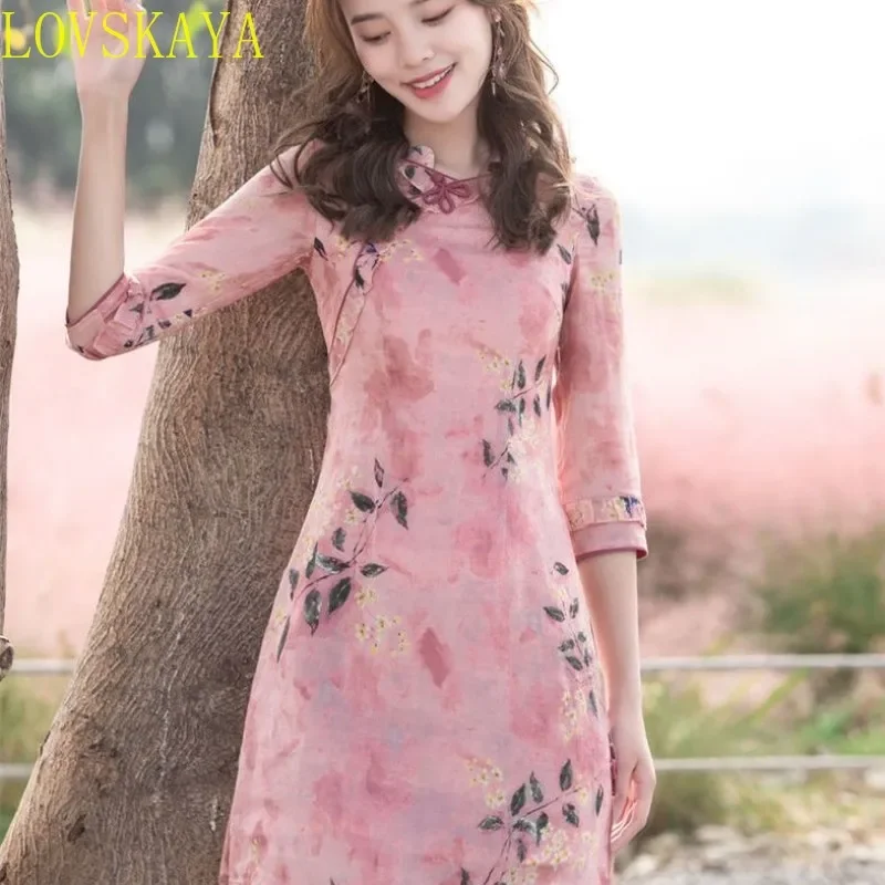 

Summer Women Orientale Traditional Chinese Cheongsam Ladies Floral Print Dress Ancient Costume Plus Size M-3XL