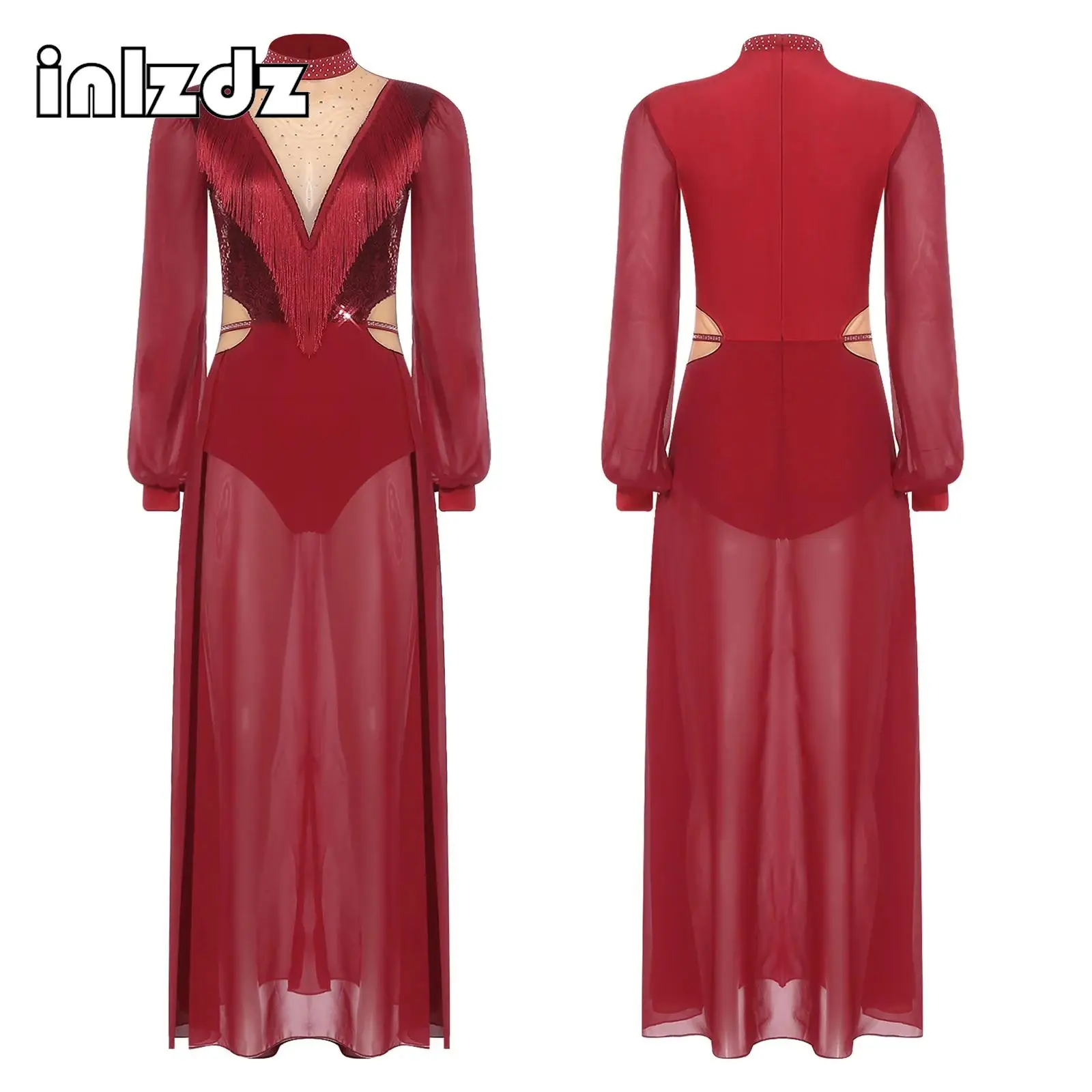 

Adult Womens Belly Dance Fringed Dress Shiny Sequin Tassel Long Sleeve Chiffon Hem Maxi Dress Latin Chacha Dance Rumba Dancewear