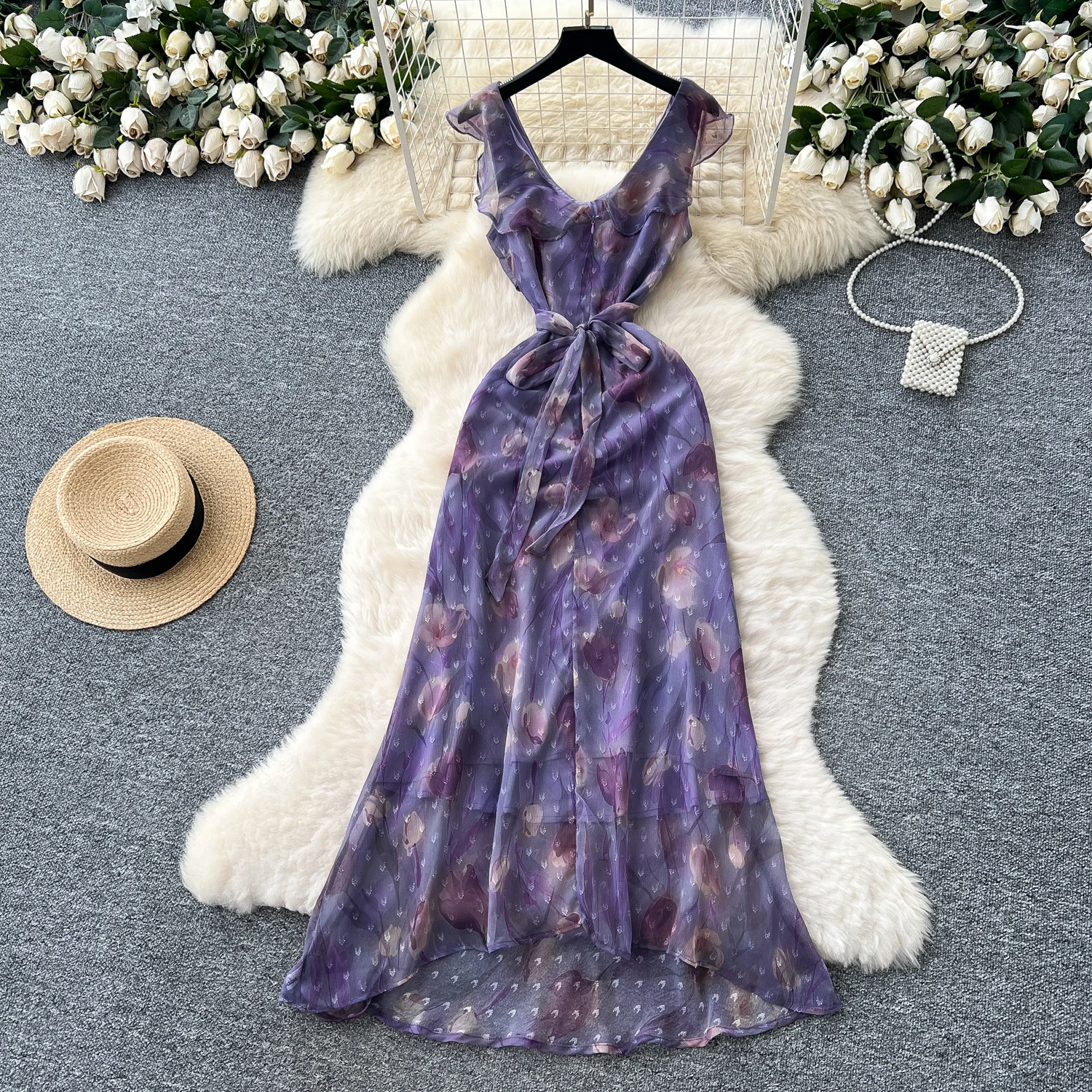 Chic stampa vintage con lacci in rete con volant in chiffon senza maniche Elegante fata moda coreana Boho Sundress abbigliamento donna