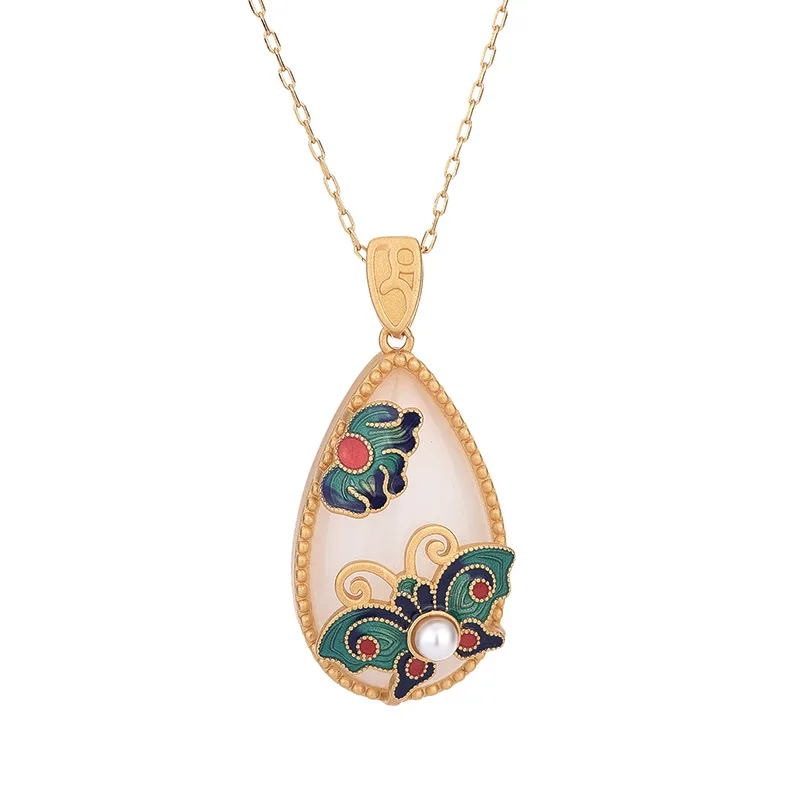 Enamel Butterfly Pendant Necklace Inlay Imitation Hetian Jade Jewelry Brass Vintage Gift for Women