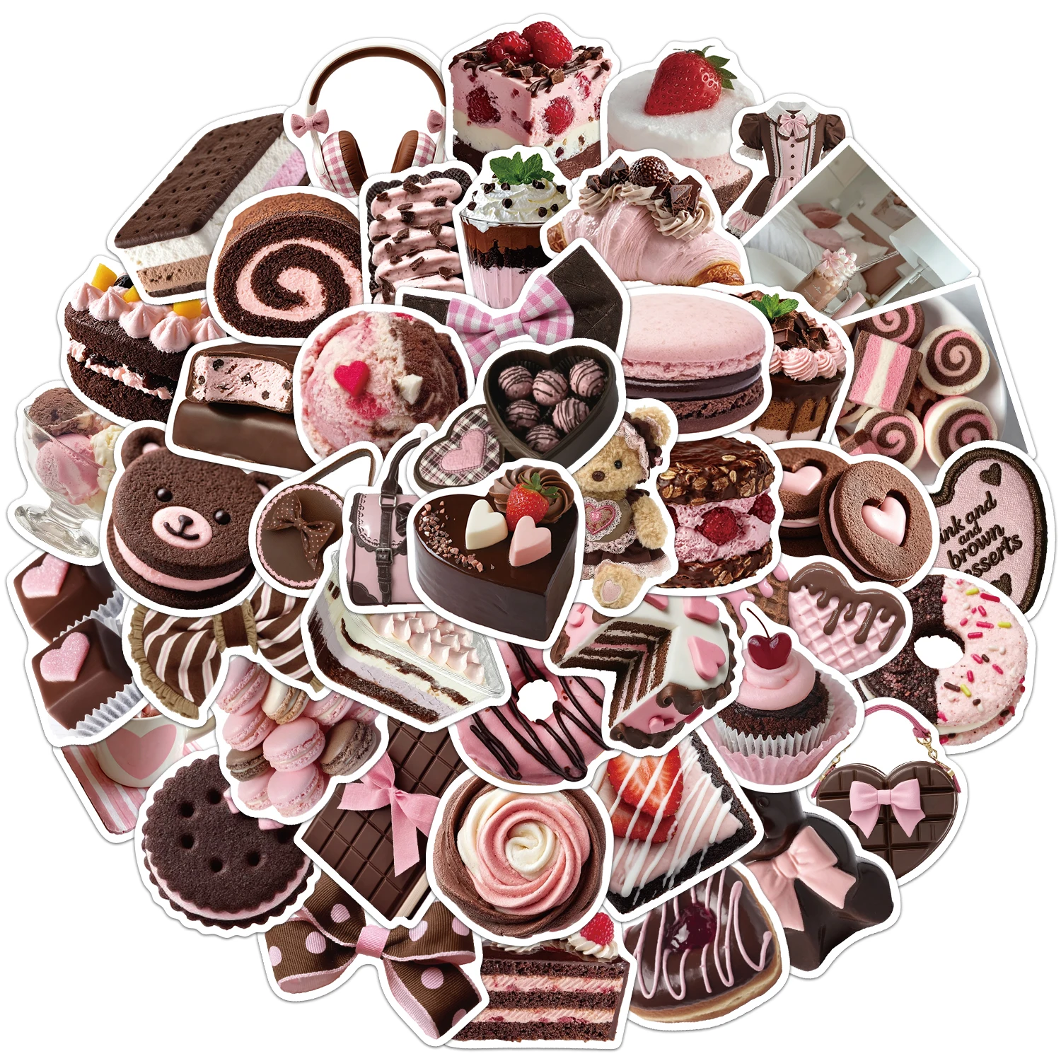 50PCS Pink and Brown Desserts Stickers DIY Phone Case Laptop Water Cup Computer Toy Stickers