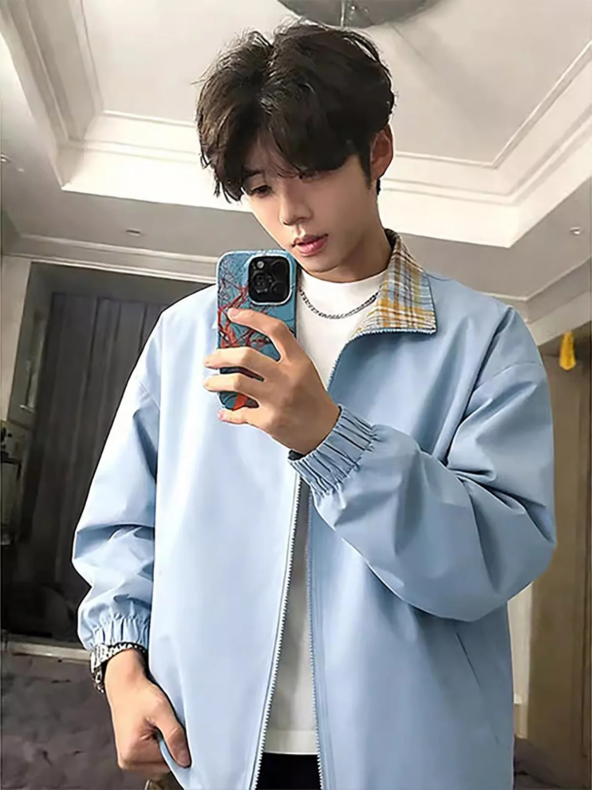Cleanfit Plaid Patchwork Flight Jacket Men's Style Autumn No Cap Turn Collar Baseball Uniform High Sense Open Cardigan Coat