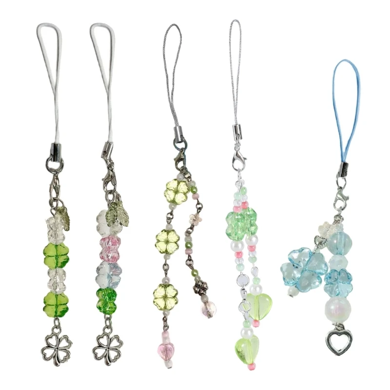 Handmade Beaded Phone Chain Four Leaf Clovers Cellphone Charm Colorful Keyring Pendant Cellphone Charm Accessory Dropsale