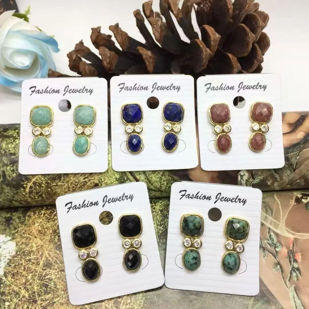 WT-E811 Modern Style Gold Plated Double Zircons And Natural Gemstones Square Oval Shape Women Earrings For Mothers Day Gifts