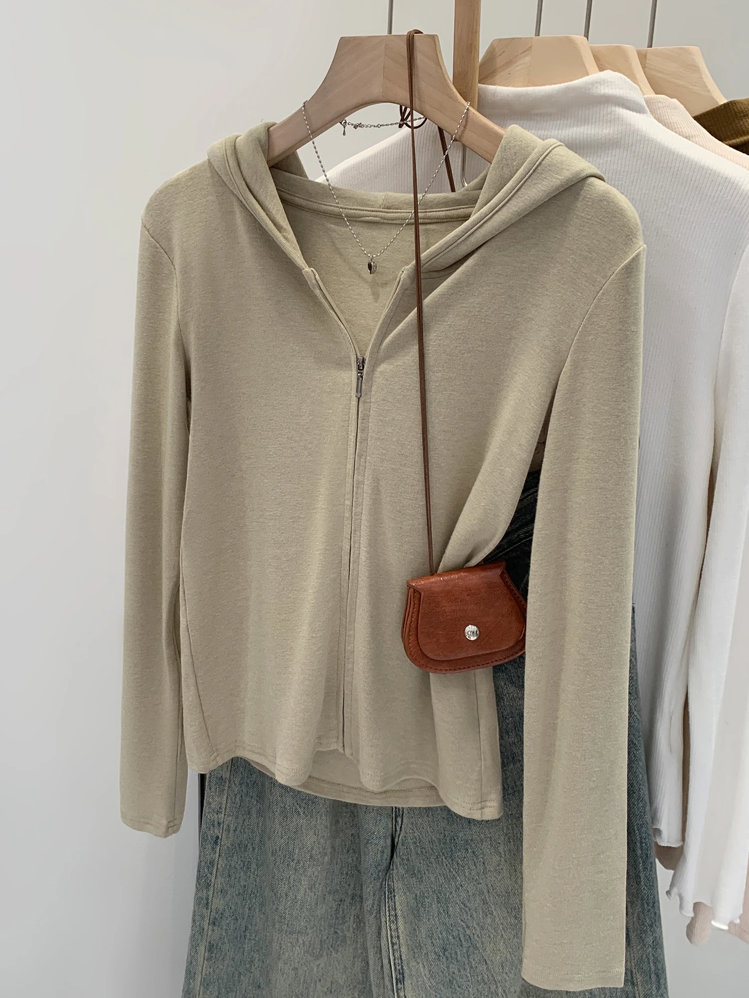 Unique Zipper Hooded Open Cardigan Women's Jacket Small Size Outerwear Beautiful Top Commute Style Standard Fit Cotton Blend