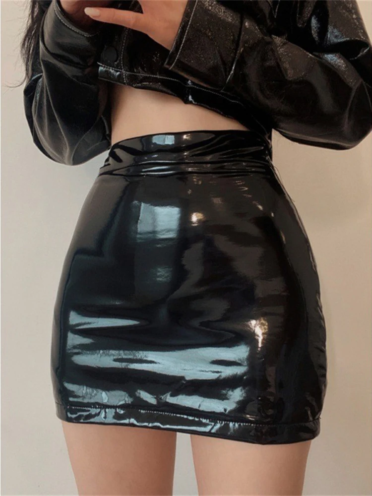 

Spring Summer Sexy Bla Skirt PU Leather Tight Fit Women's Sweet Butt Covering ort Skirt Glossy Surface Dr