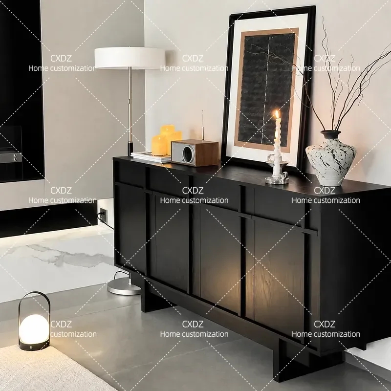 Wangqing, wabi-sandy wind, black side cabinet, ash wood bone line, solid wood bucket cabinet, living room storage locker