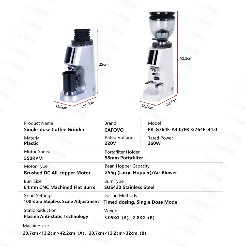 카포보 G764F 커피 버 그라인더 64mm 플랫 버 커피 그라인더 100단계 조절 시간 측정 밀러 가정용 바리스타용